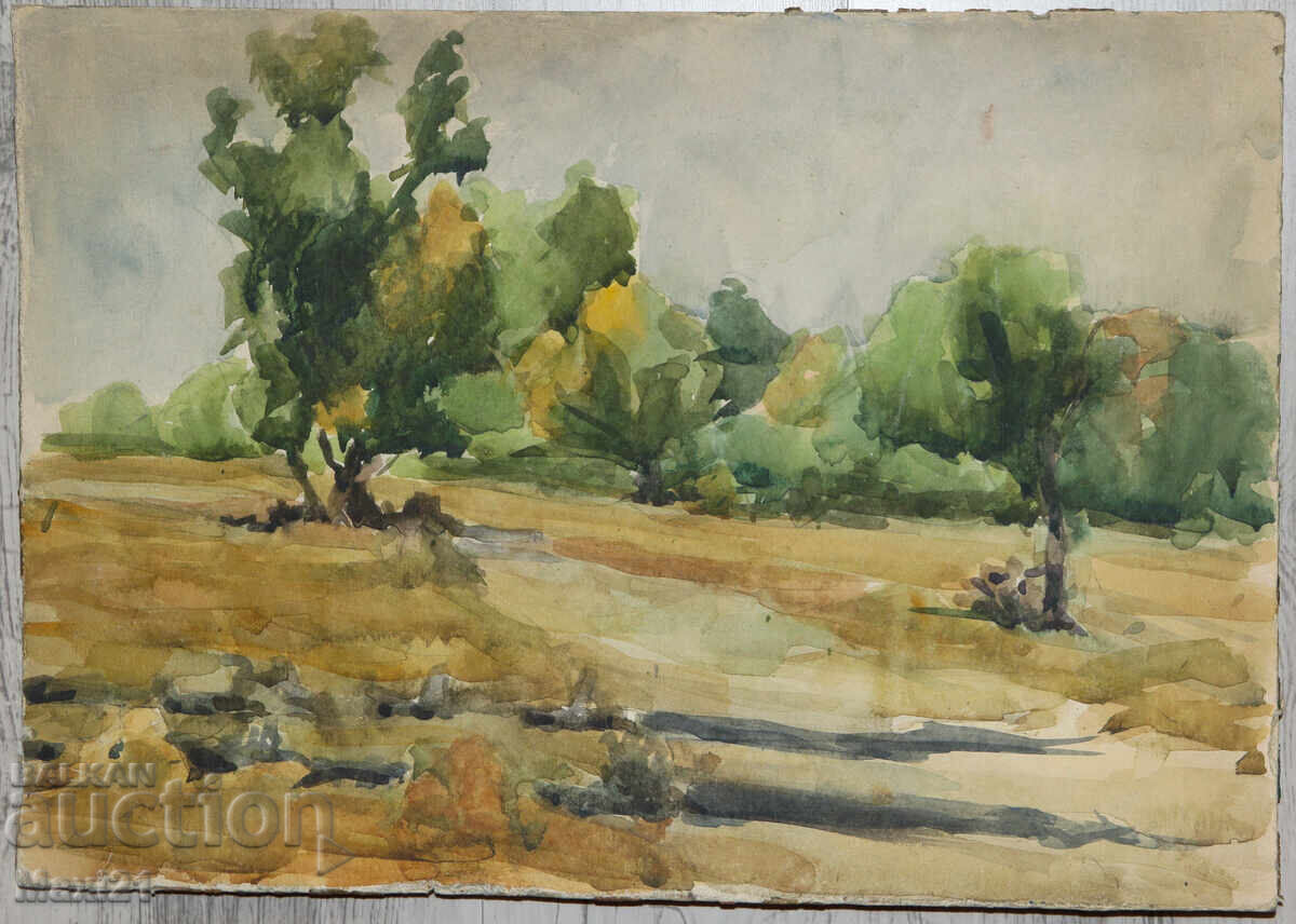Δημοπρασία Παλιός πίνακας ακουαρέλας φυσικού τοπίου δασικού μονοπατιού