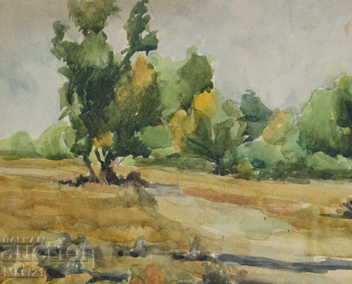 Παράδοση Παλιός πίνακας ακουαρέλας φυσικού τοπίου δασικού μονοπατιού