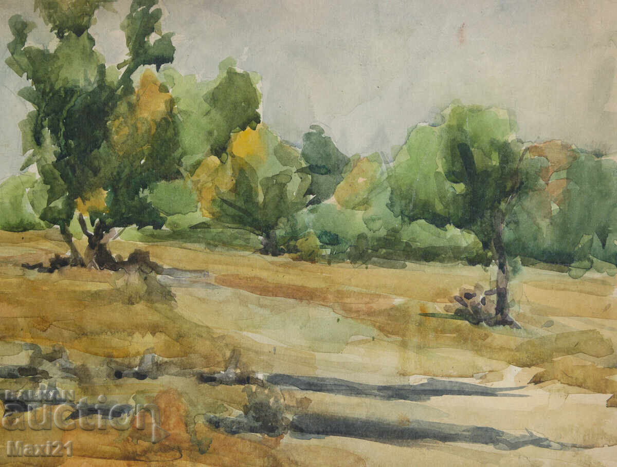 Παλιός πίνακας ακουαρέλας φυσικού τοπίου δασικού μονοπατιού - 5