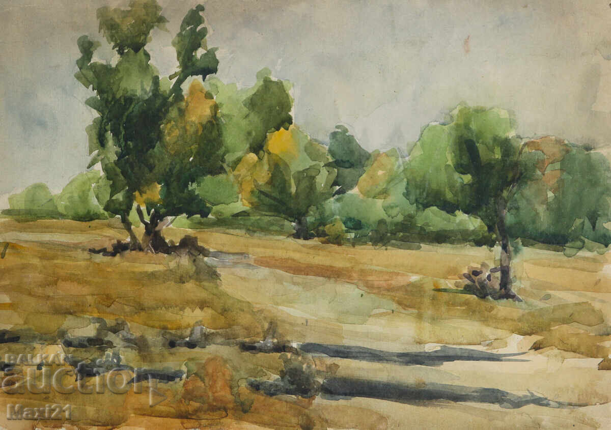 Παλιός πίνακας ακουαρέλας φυσικού τοπίου δασικού μονοπατιού