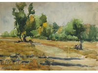 Old watercolor painting, natural landscape, forest path