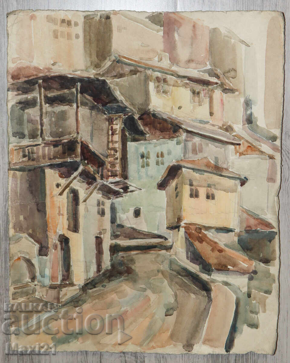 Pictură veche acuarelă peisaj urban case cu preț 200.00 BGN | € 102.26
