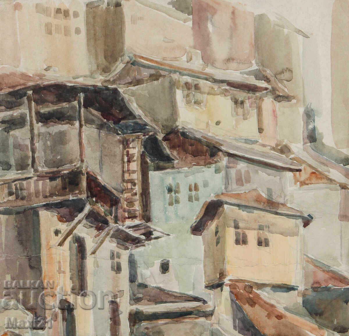 Licitație Pictură veche acuarelă peisaj urban case