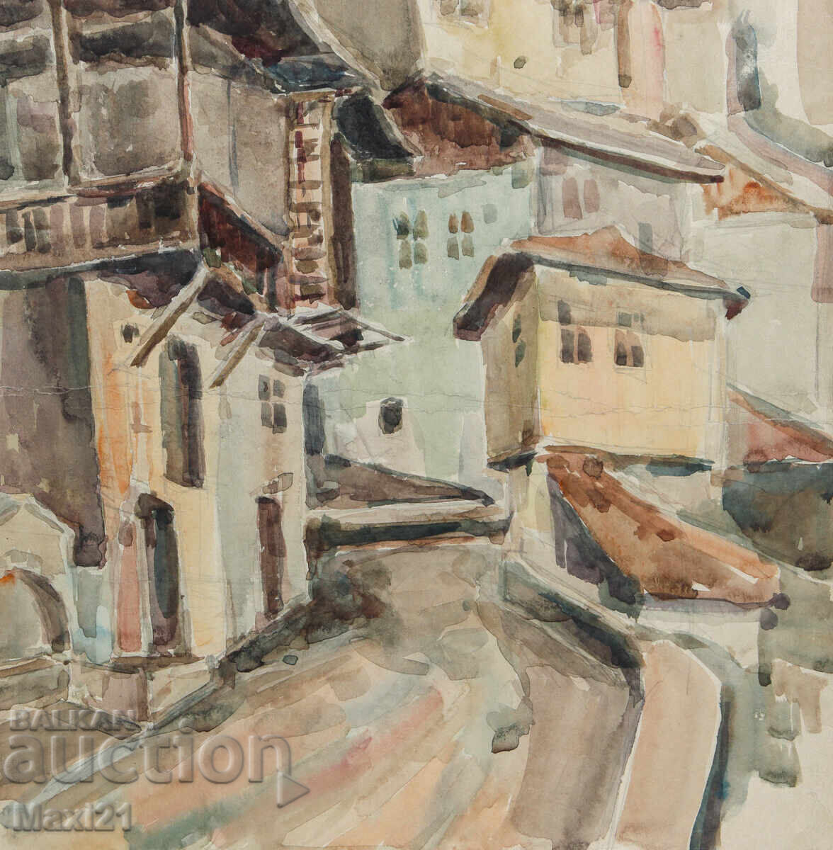 Livrarea Pictură veche acuarelă peisaj urban case