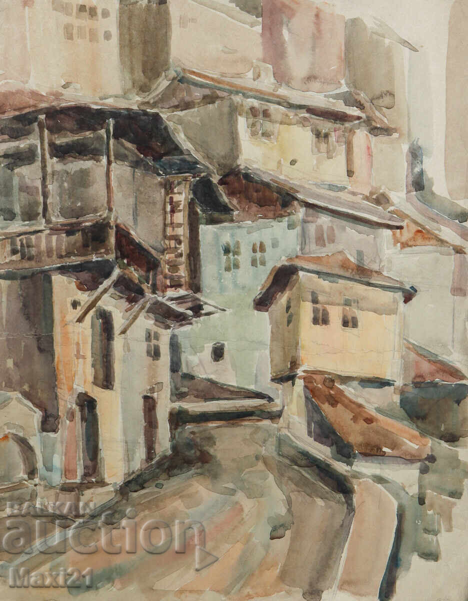 Pictură veche acuarelă peisaj urban case