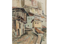 Παλαιό έργο ζωγραφικής με ακουαρέλα, αστικό τοπίο, σπίτια
