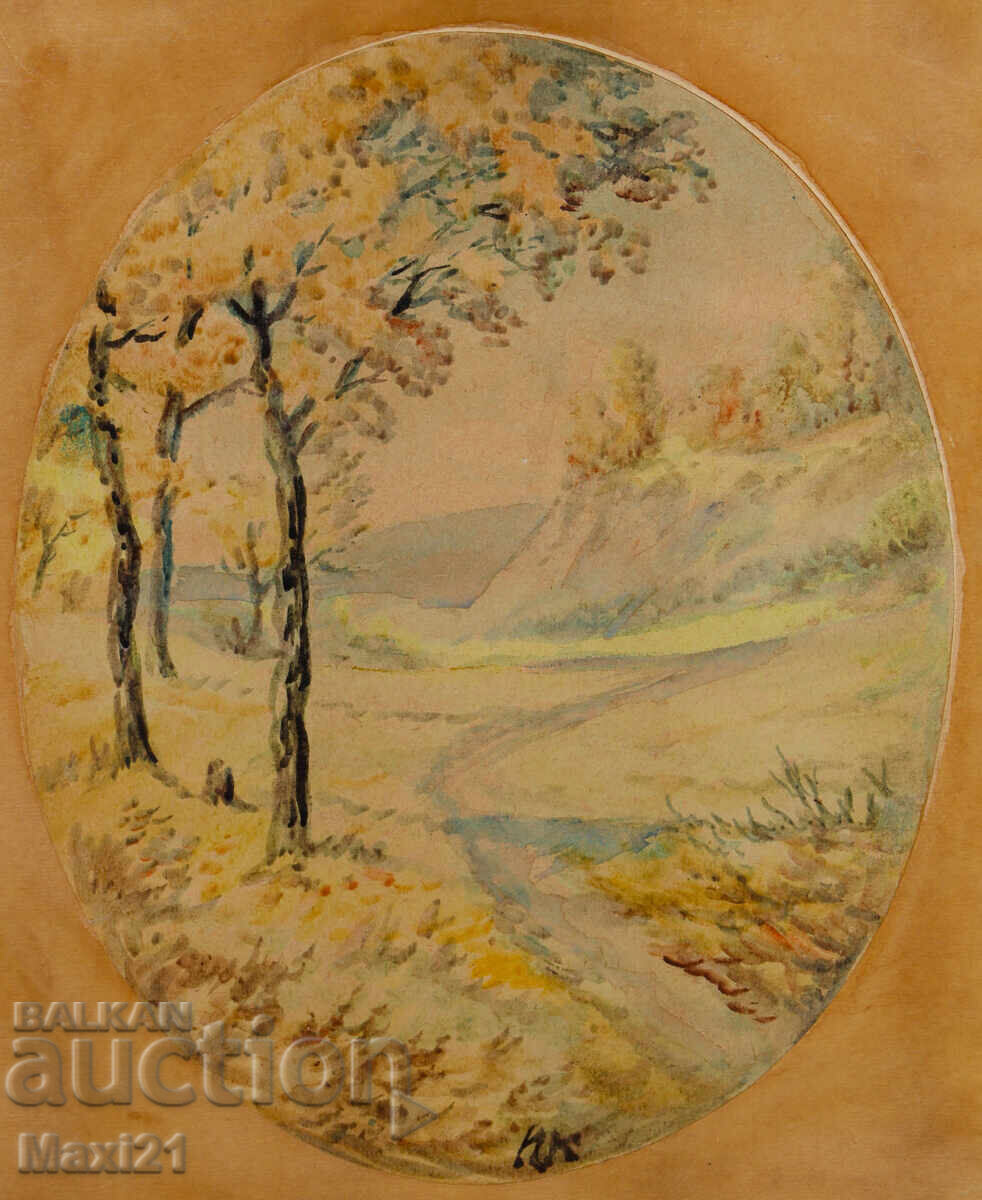 Аукцион Стара картина акварел пейзаж горска пътека