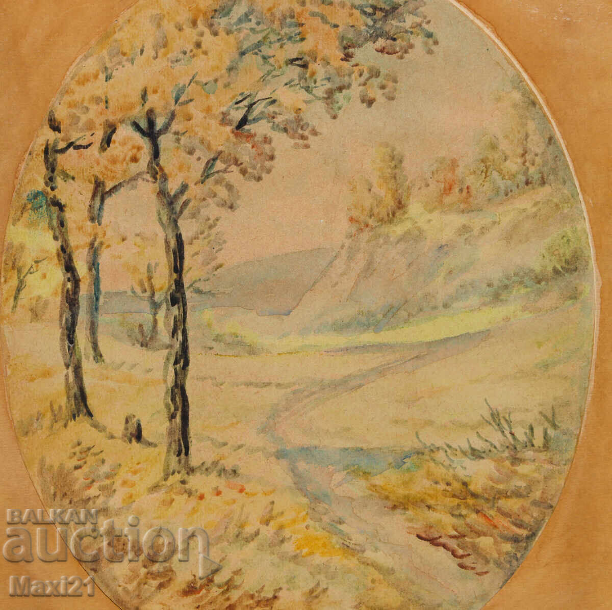 Стара картина акварел пейзаж горска пътека - 5