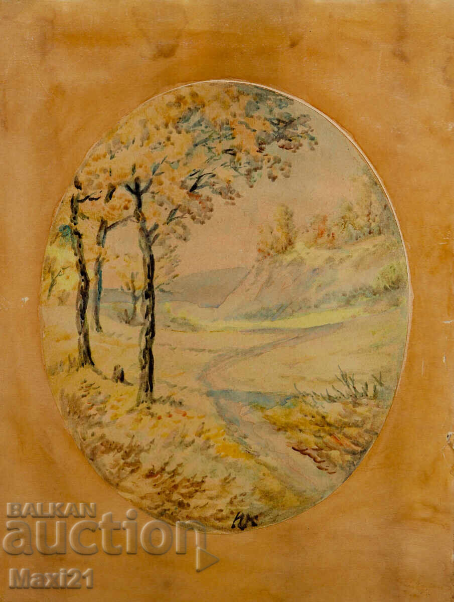 Стара картина акварел пейзаж горска пътека