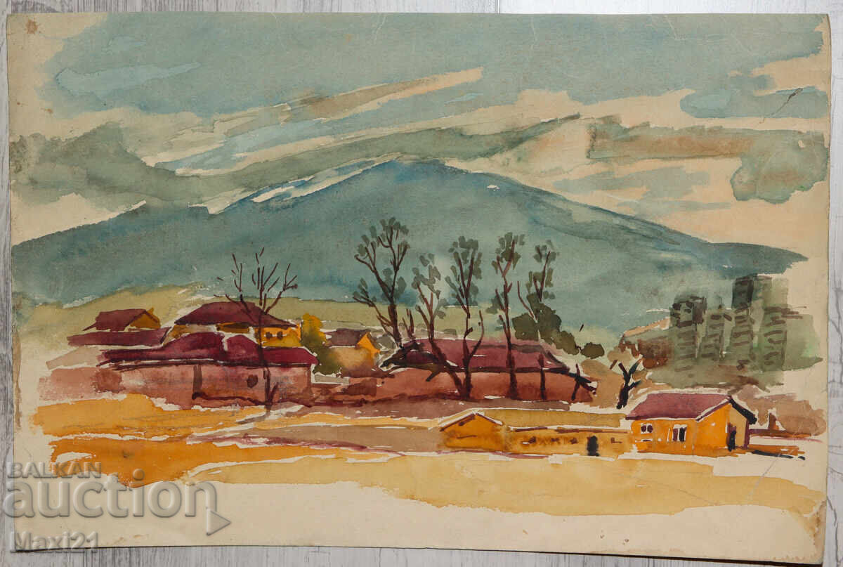 Παλιά τοπιογραφία με ακουαρέλα, χωριό στους πρόποδες βουνού με τιμή 200.00 BGN | € 102.26 Παλιά τοπιογραφία με ακουαρέλα, χωριό στους πρόποδες βουνού με τιμή 200.00 BGN | € 102.26
