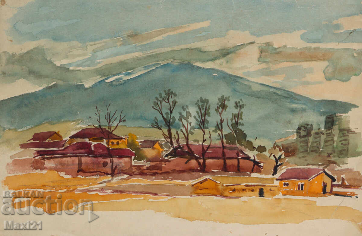 Δημοπρασία Παλιά τοπιογραφία με ακουαρέλα, χωριό στους πρόποδες βουνού Δημοπρασία Παλιά τοπιογραφία με ακουαρέλα, χωριό στους πρόποδες βουνού