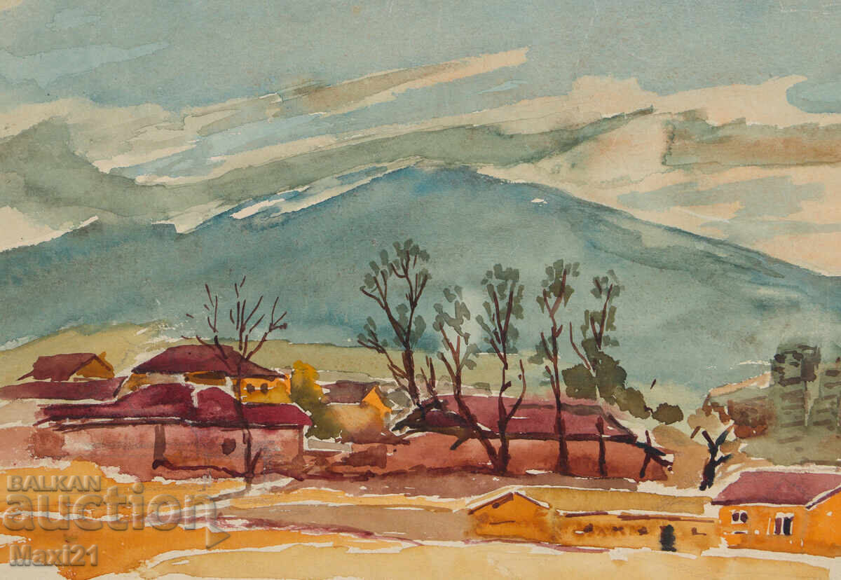 Παράδοση Παλιά τοπιογραφία με ακουαρέλα, χωριό στους πρόποδες βουνού Παράδοση Παλιά τοπιογραφία με ακουαρέλα, χωριό στους πρόποδες βουνού