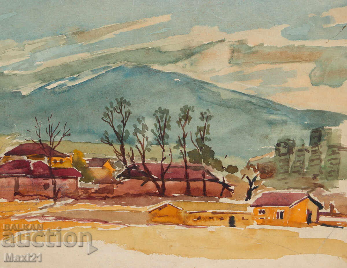 Παλιά τοπιογραφία με ακουαρέλα, χωριό στους πρόποδες βουνού - 5 Παλιά τοπιογραφία με ακουαρέλα, χωριό στους πρόποδες βουνού - 5
