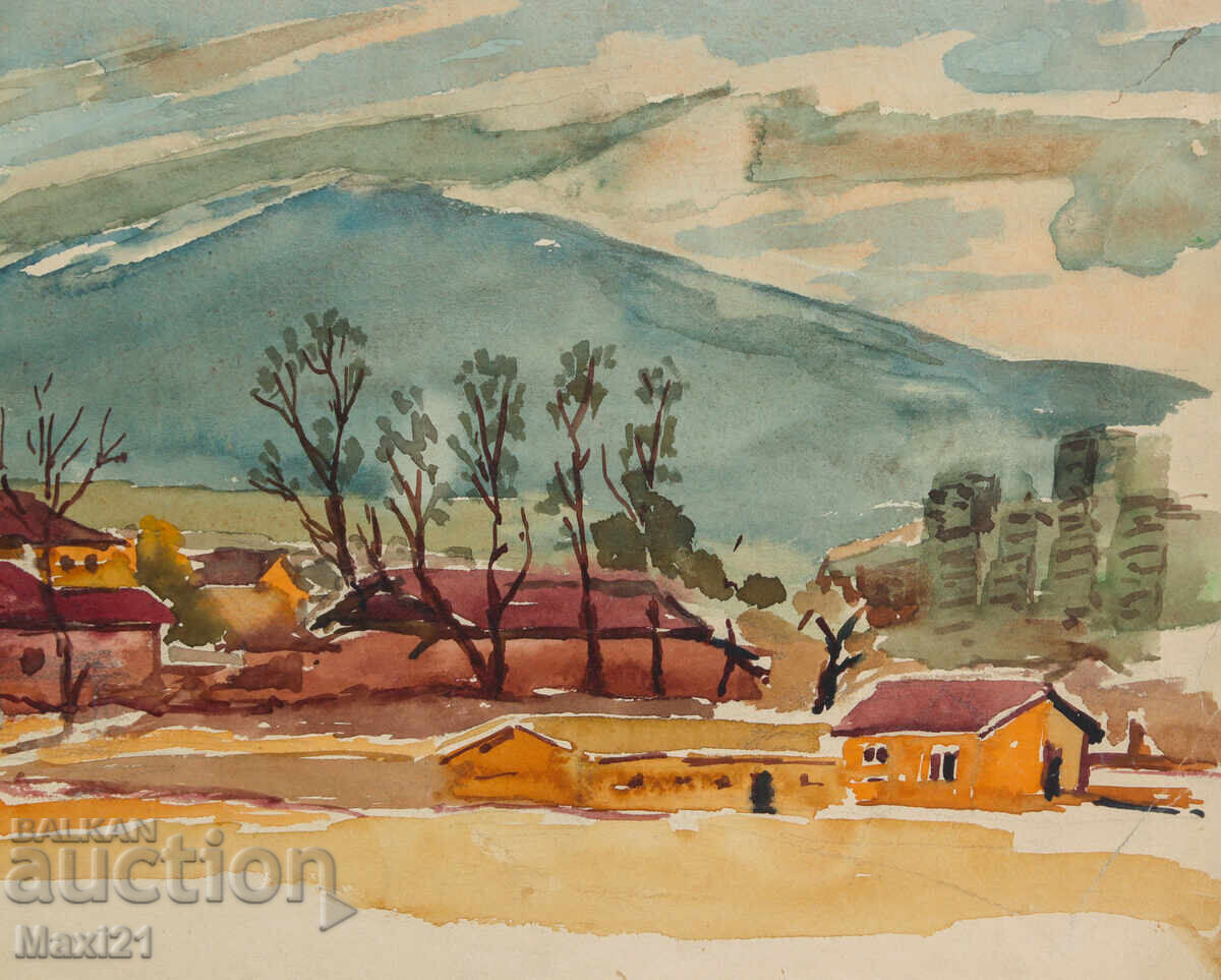 Παλιά τοπιογραφία με ακουαρέλα, χωριό στους πρόποδες βουνού - 6 Παλιά τοπιογραφία με ακουαρέλα, χωριό στους πρόποδες βουνού - 6