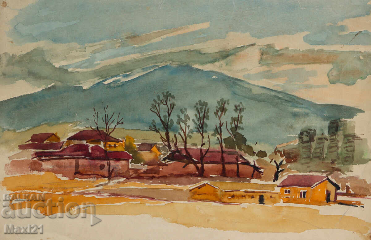 Παλιά τοπιογραφία με ακουαρέλα, χωριό στους πρόποδες βουνού Παλιά τοπιογραφία με ακουαρέλα, χωριό στους πρόποδες βουνού