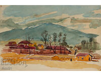 Landscape old watercolor painting village at the foot of a mountain