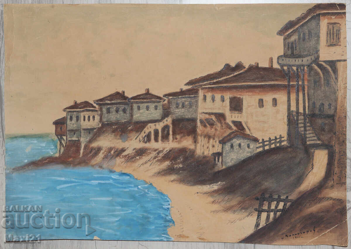 Landscape old watercolor painting village by the seaside 61y with price 200.00 BGN | € 102.26