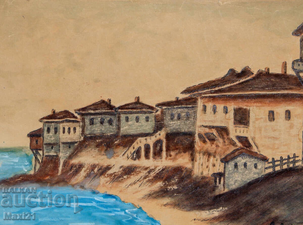 Auction  Landscape old watercolor painting village by the seaside 61y
