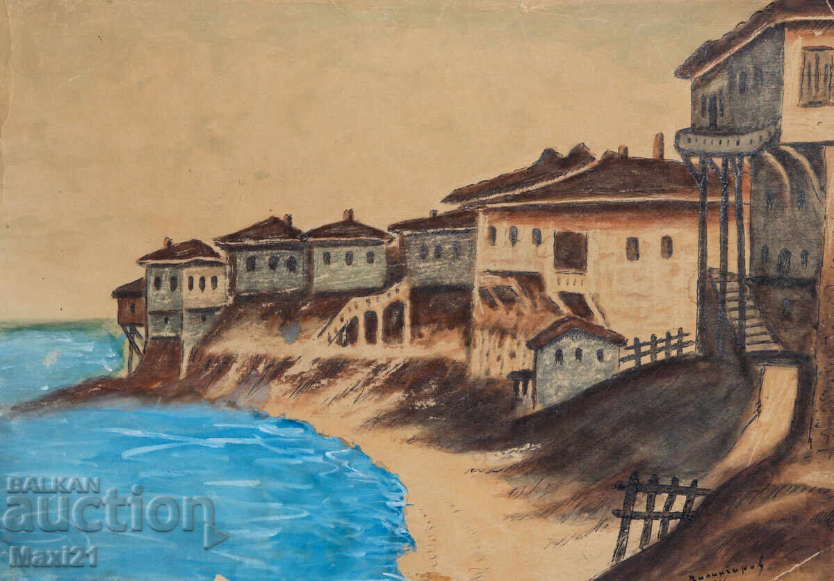 Delivery of Landscape old watercolor painting village by the seaside 61y