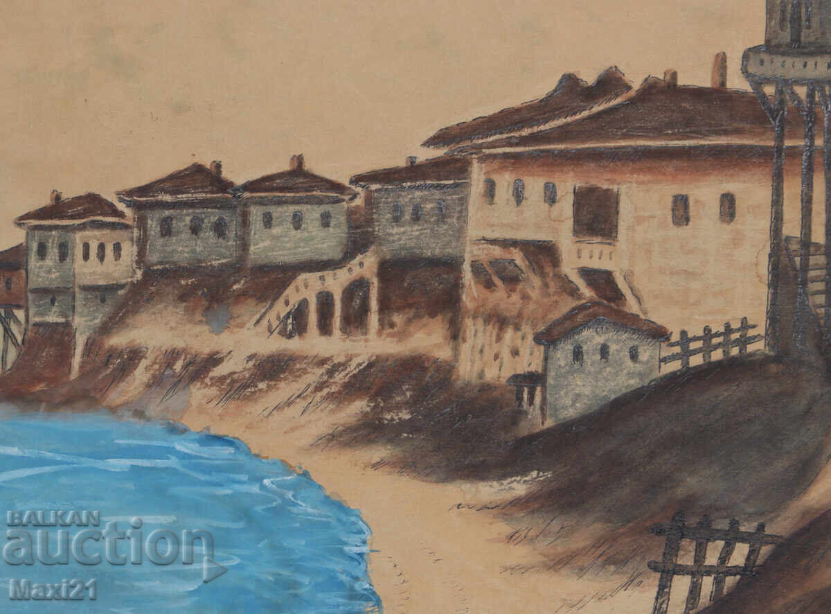 Landscape old watercolor painting village by the seaside 61y - 5