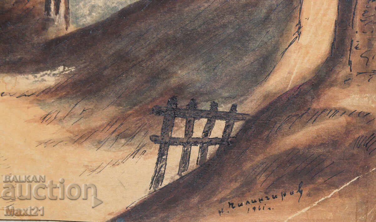 Landscape old watercolor painting village by the seaside 61y - 6