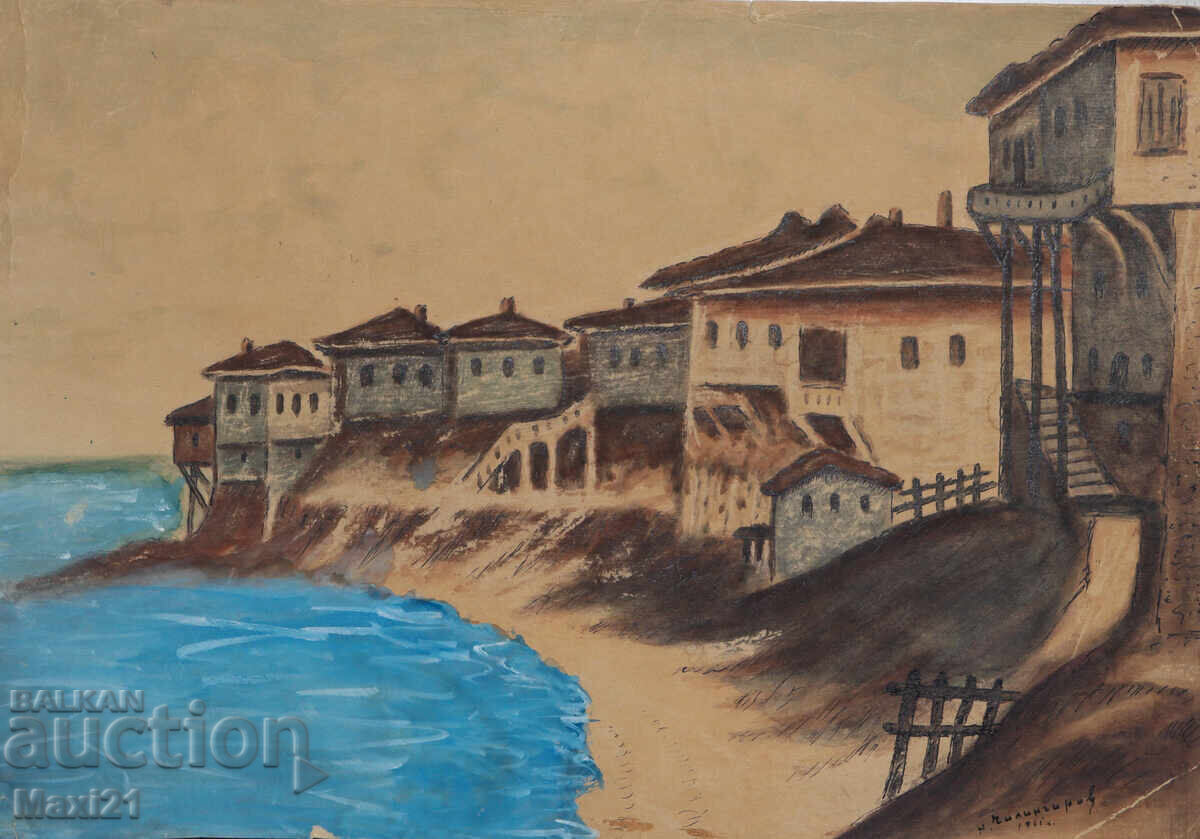 Landscape old watercolor painting village by the seaside 61y