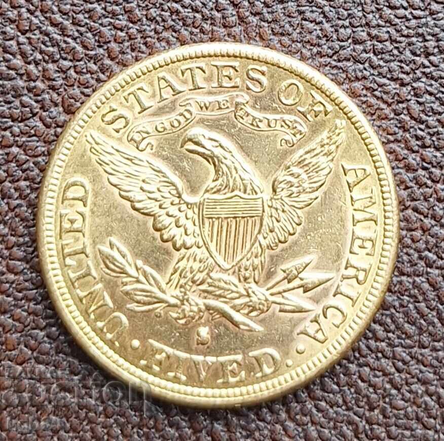 5 dollars 1886 USA gold with price 1965.00 BGN | € 1004.69