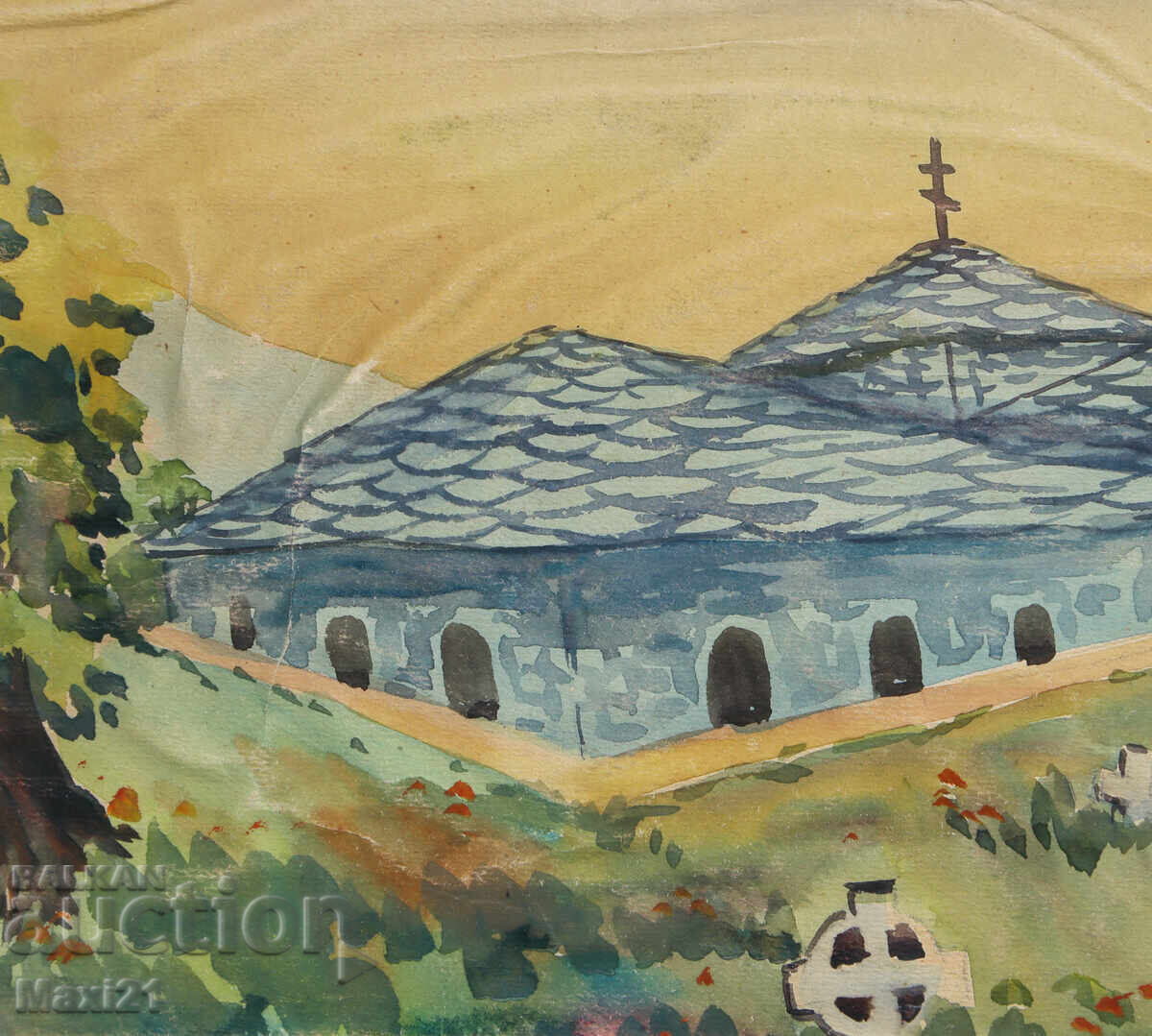 Old watercolor painting landscape monastery - 5
