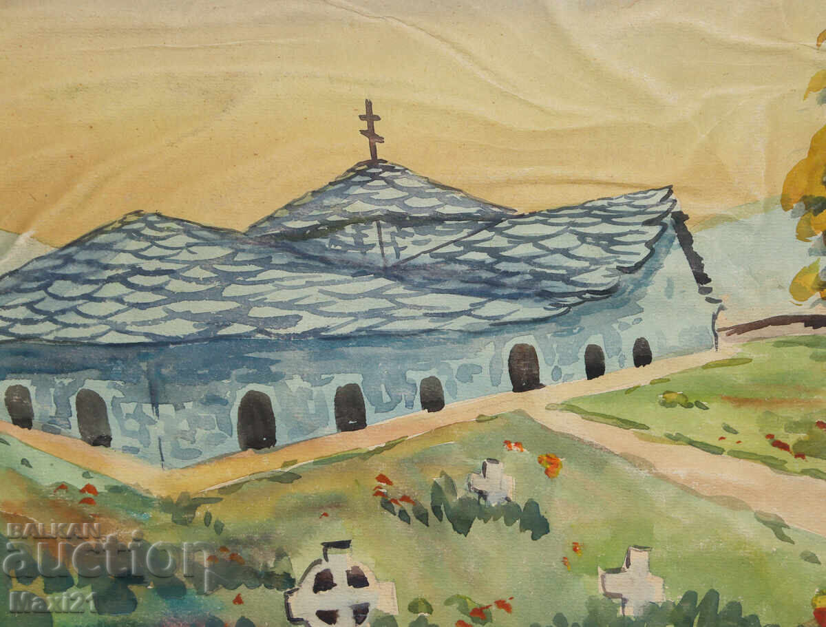 Old watercolor painting landscape monastery - 6