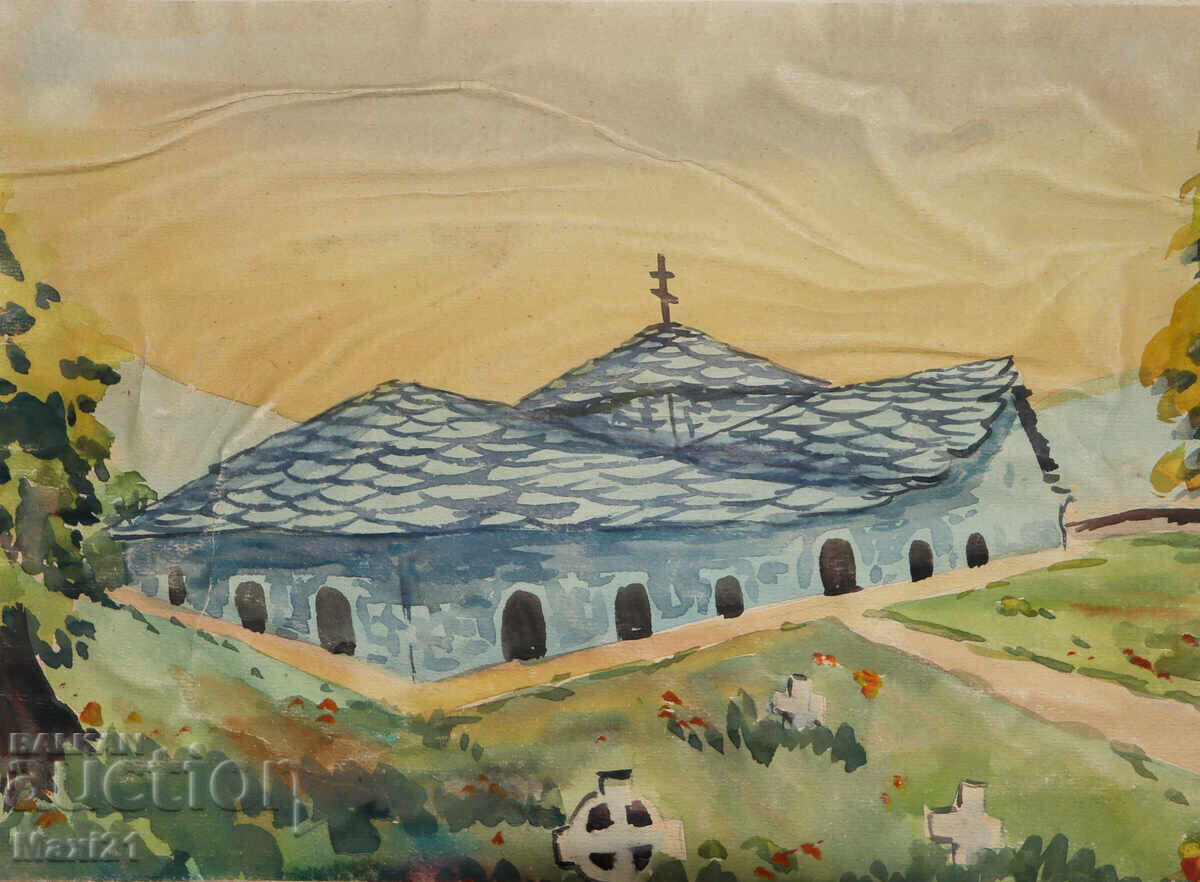 Old watercolor painting landscape monastery