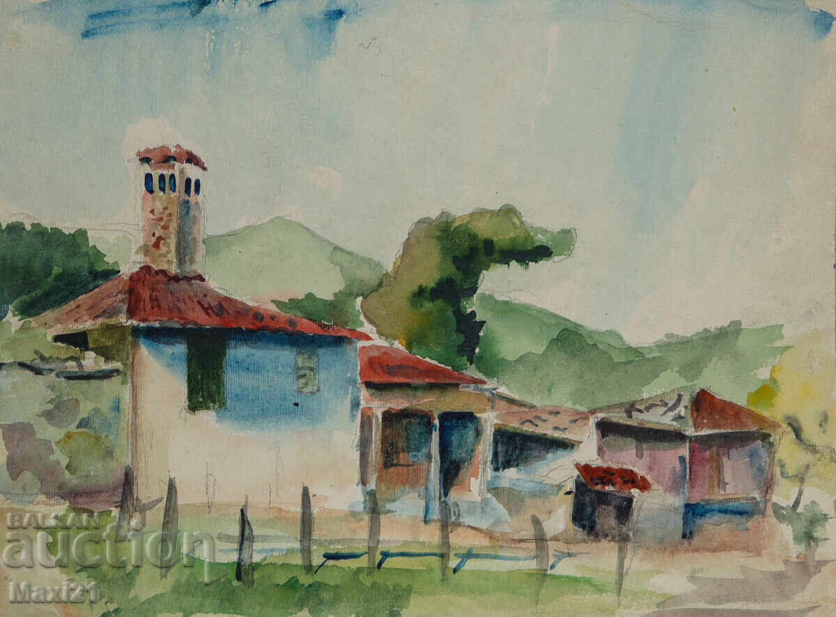 Παλιός πίνακας ακουαρέλας αγροτικού τοπίου με τιμή 180.00 BGN | € 92.03