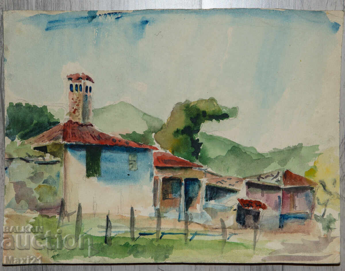 Δημοπρασία Παλιός πίνακας ακουαρέλας αγροτικού τοπίου