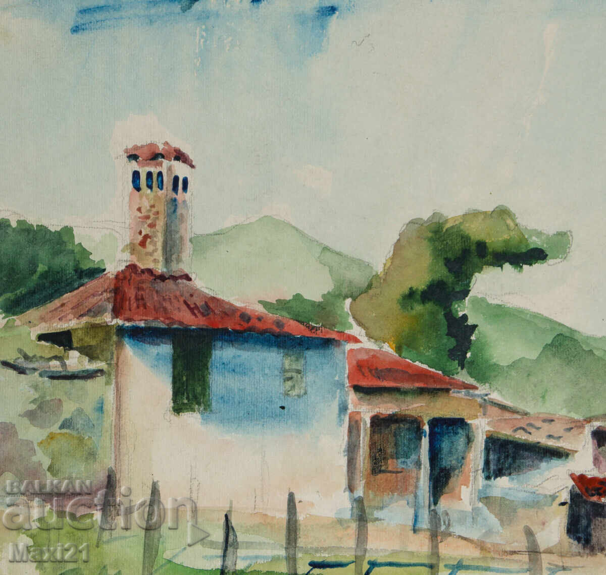 Παράδοση Παλιός πίνακας ακουαρέλας αγροτικού τοπίου