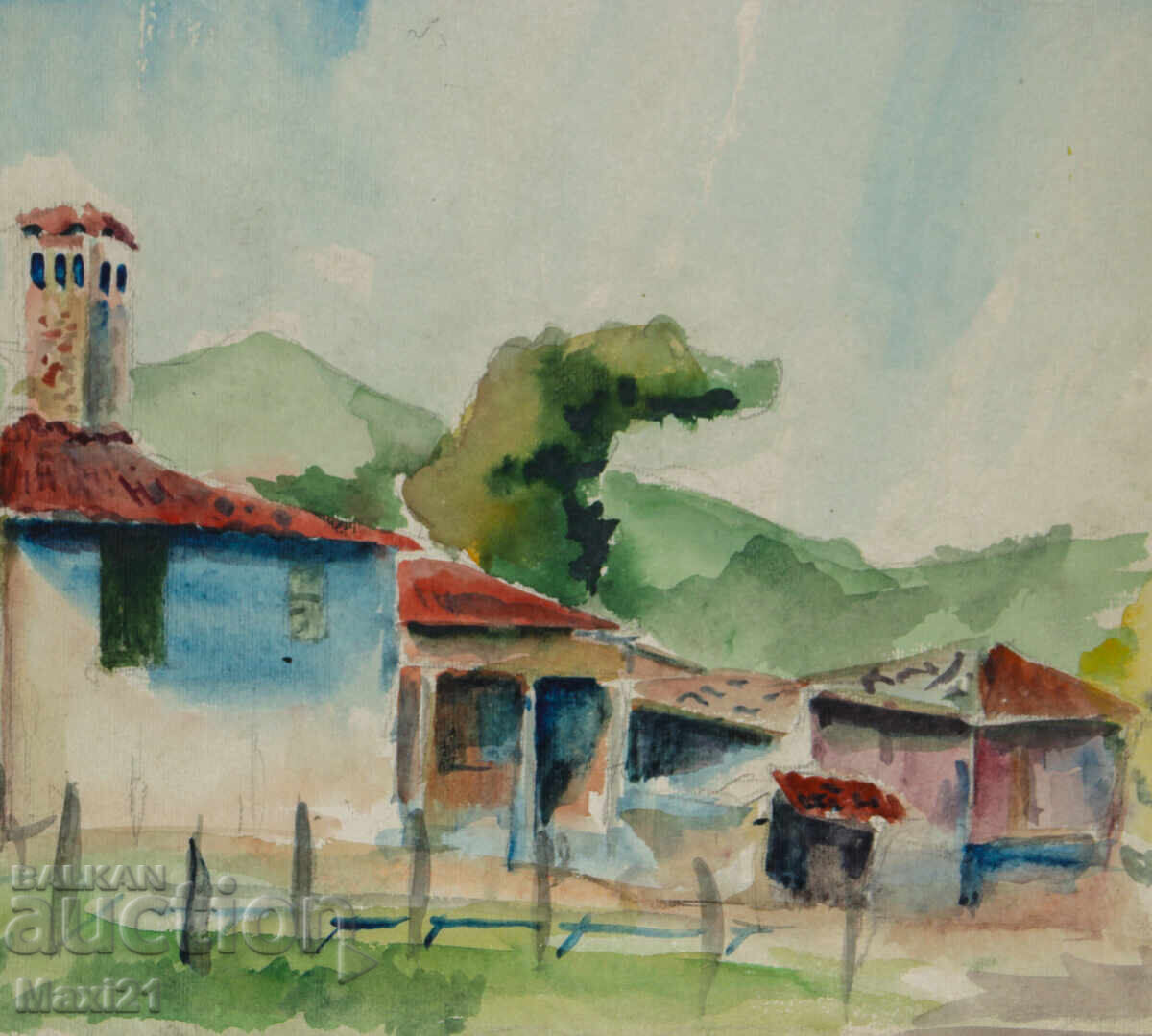 Παλιός πίνακας ακουαρέλας αγροτικού τοπίου - 5