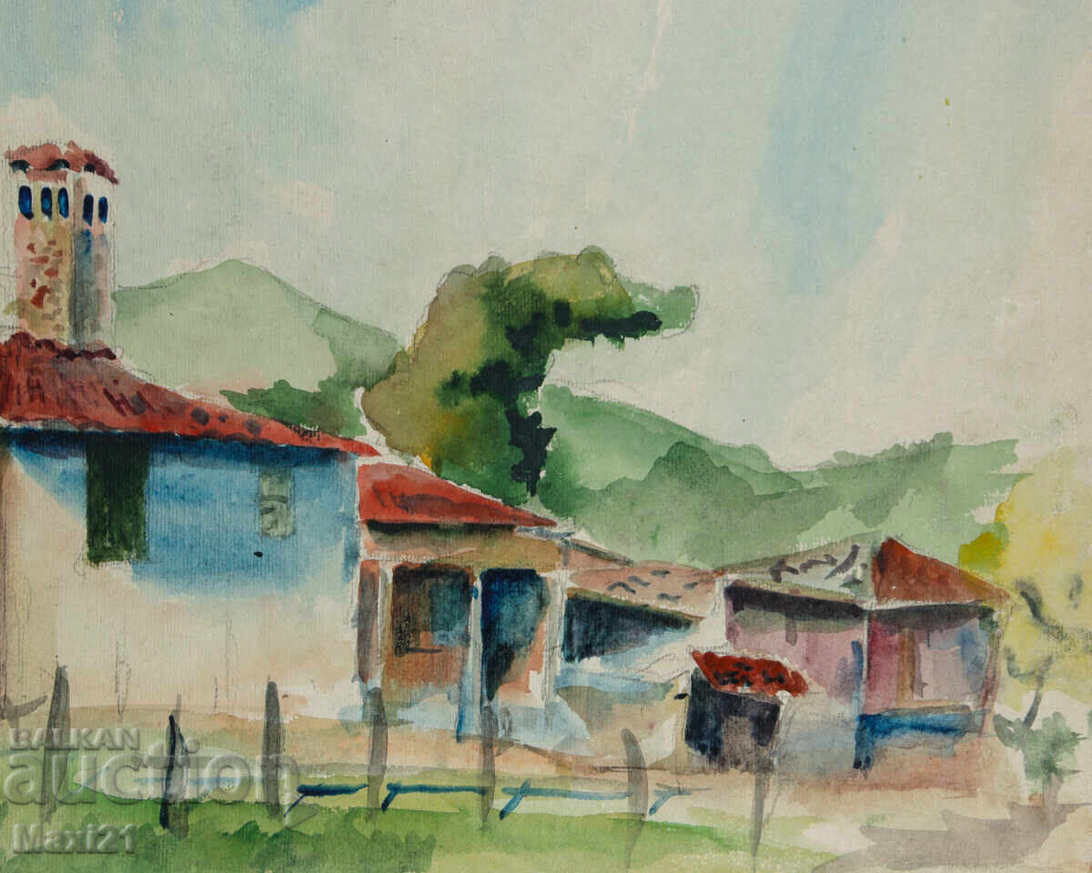 Παλιός πίνακας ακουαρέλας αγροτικού τοπίου - 6