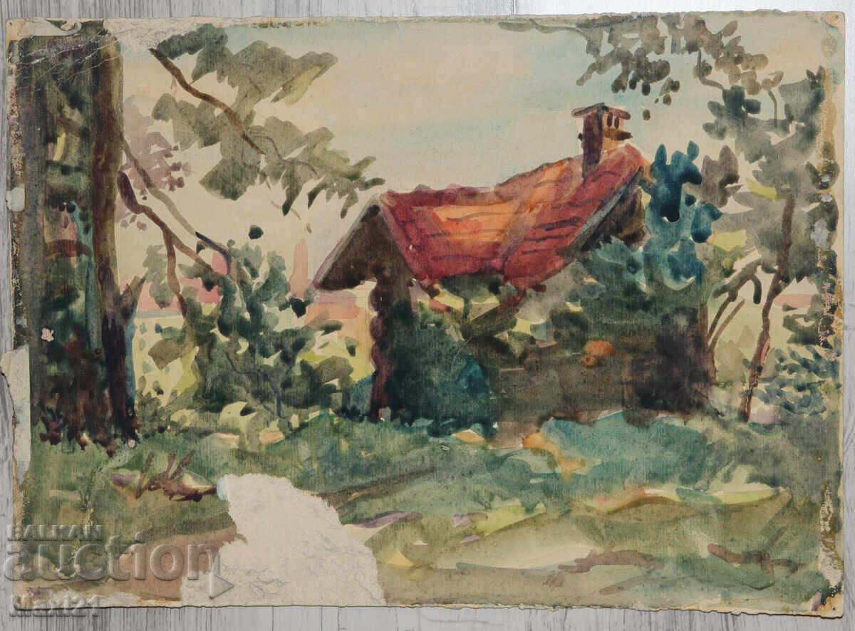 Παλιός πίνακας ακουαρέλας, σκηνή καθημερινής ζωής με τιμή 180.00 BGN | € 92.03