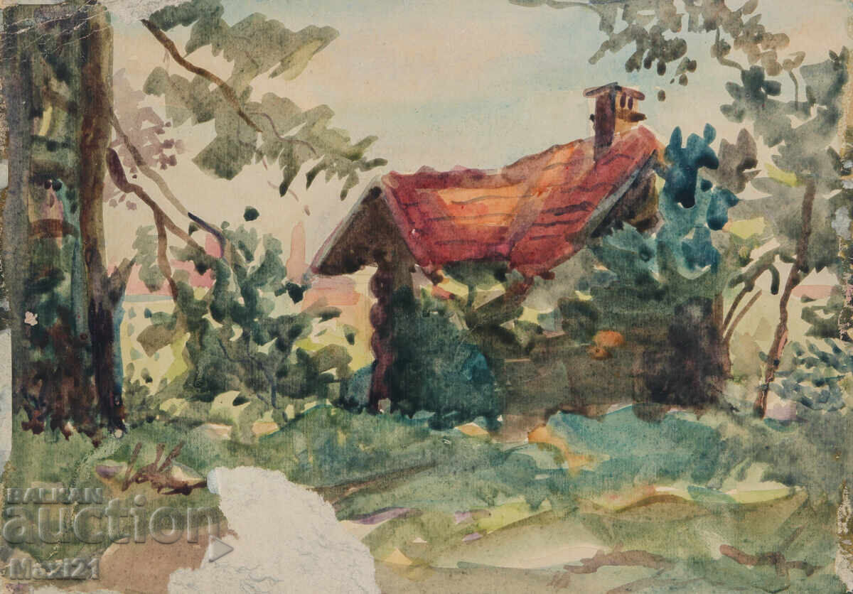 Δημοπρασία Παλιός πίνακας ακουαρέλας, σκηνή καθημερινής ζωής