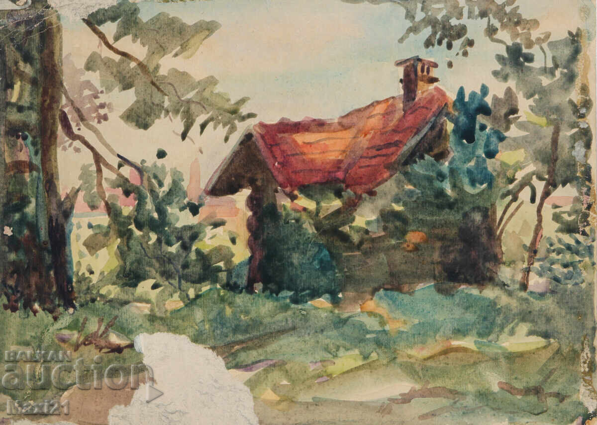 Παλιός πίνακας ακουαρέλας, σκηνή καθημερινής ζωής