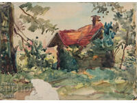 Παλιός πίνακας ακουαρέλας, σκηνή καθημερινής ζωής