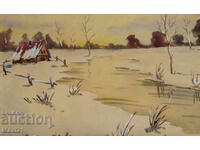 Стара картина акварел зимен пейзаж къща край река