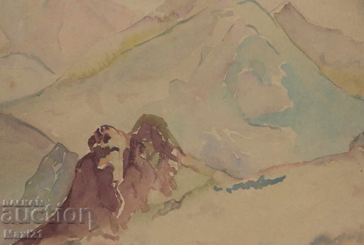Old watercolor painting mountain landscape - 5 Old watercolor painting mountain landscape - 5