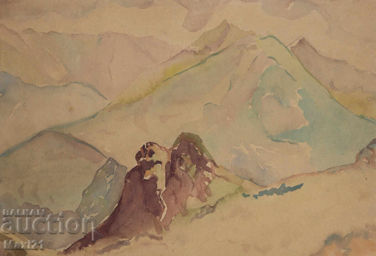 Old watercolor painting mountain landscape Old watercolor painting mountain landscape