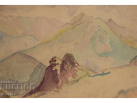 Old watercolor painting mountain landscape