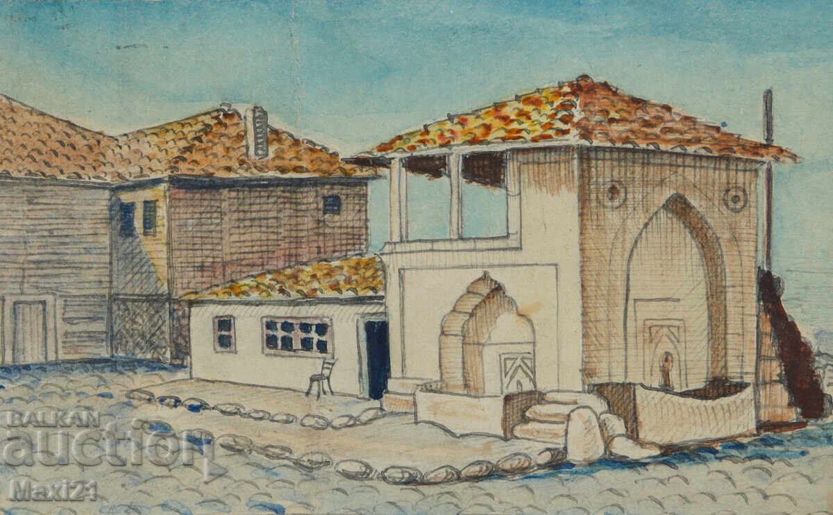 Παλιό έργο ζωγραφικής με ακουαρέλα και μολύβι, τοπίο με βρύση με τιμή 140.00 BGN | € 71.58