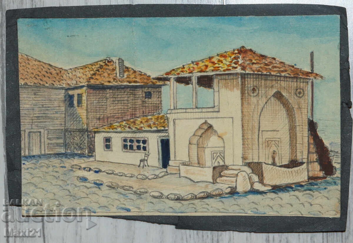 Δημοπρασία Παλιό έργο ζωγραφικής με ακουαρέλα και μολύβι, τοπίο με βρύση