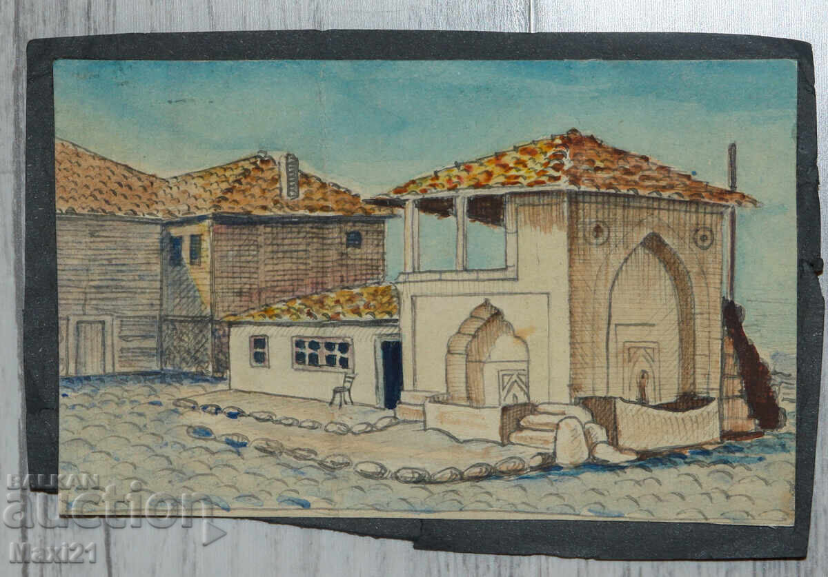 Παράδοση Παλιό έργο ζωγραφικής με ακουαρέλα και μολύβι, τοπίο με βρύση