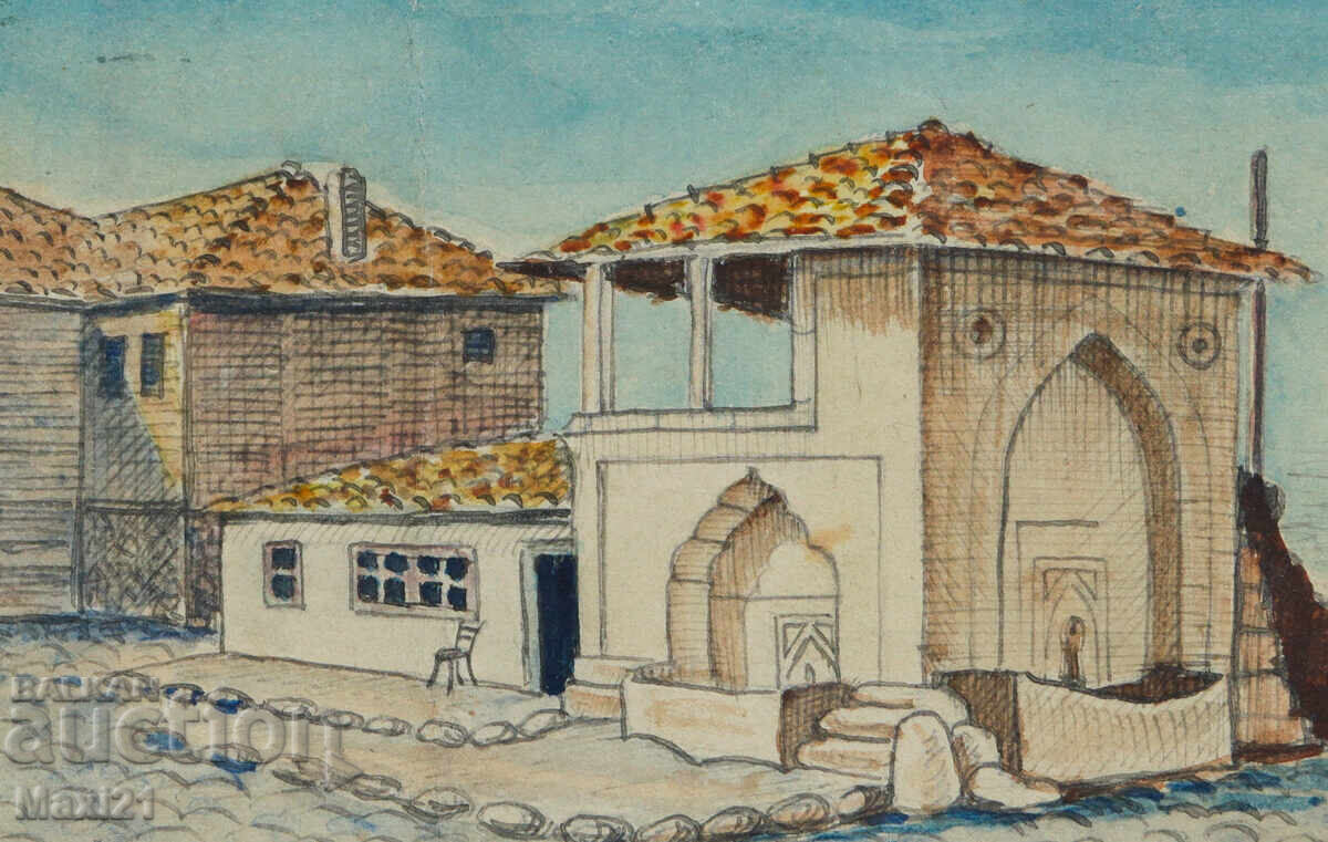 Παλιό έργο ζωγραφικής με ακουαρέλα και μολύβι, τοπίο με βρύση - 5