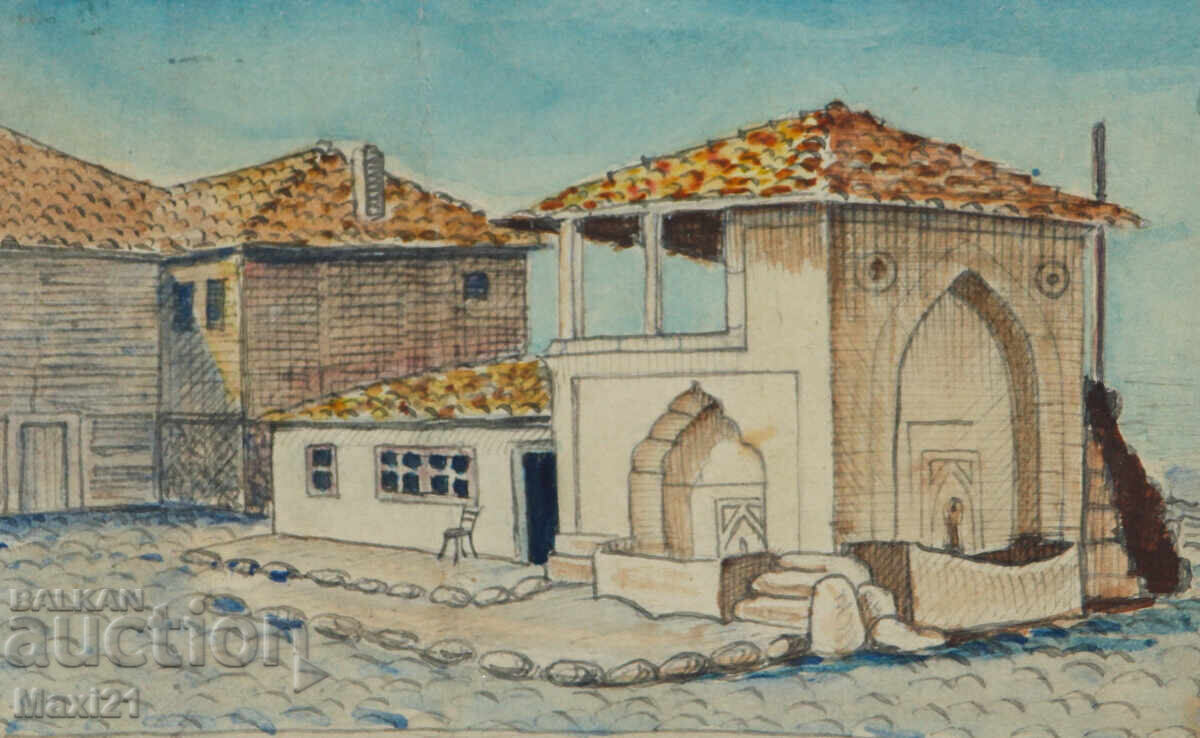 Παλιό έργο ζωγραφικής με ακουαρέλα και μολύβι, τοπίο με βρύση