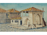 Стара картина акварел молив битов пейзаж чешма