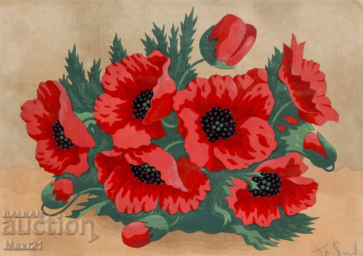 Watercolor painting still life poppies